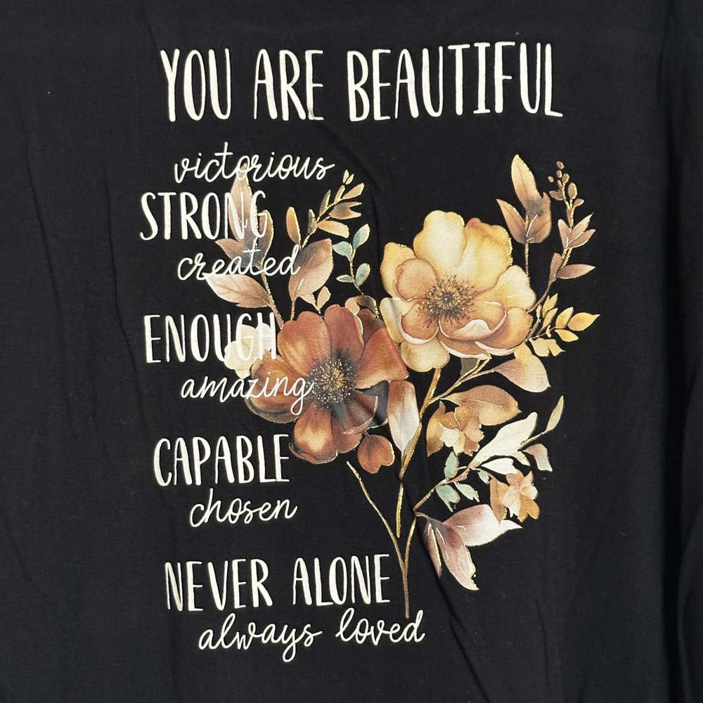 Cato Black Tee Shirt You Are Beautiful Printed Floral‎ Graphic T-shirt Top Sz L